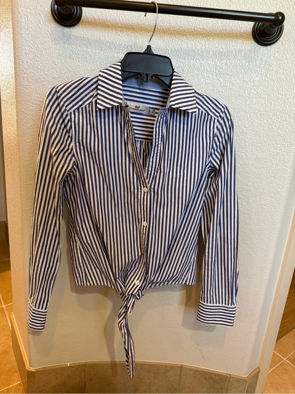 Vineyard Vines Navy and White Vertical Stripe Tie-Front Shirt